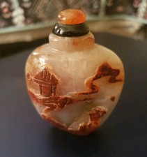 Antique Chinese Peking Carved Agate Snuff Bottle & Stone Stopper Circa 1890-1900 picture