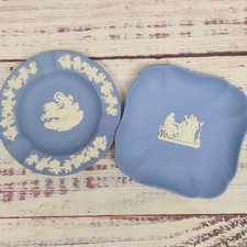 Vintage Wedgwood Blue Jasperware Set Pegasus Ashtray & Trinket Tray Pair England picture