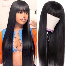 Straight Human Hair Wig with Bang for Black Women 150% No Lace wig natural black picture