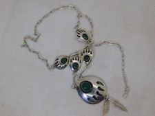 Vintage SJ Sterling Silver Malachite Bear Paw Necklace Feathers Southwestern picture