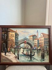 Framed Impressionist Venice, Italy Canal Cityscape Painting w/ Gondolas & Bridge picture