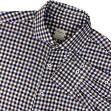 Stenstroms Fitted Body Button Up Plaid Shirt Mens Large Brown Blue Check Luxury picture