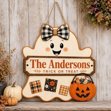 Personalized Halloween Ghost Shape Wood Sign Cute Trick Or Treat Door Decor picture