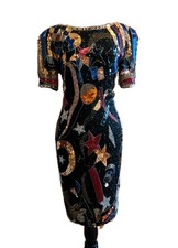 VTG NITE LINE WOMEN'S SIZE 4 SEQUINS BEADED COCKTAIL DRESS 100% SILK SHELL LINED picture