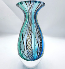 Signed Seguso Abstract Art Glass Vase Blue Green Clear Black Lines Decorative 7” picture