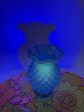 Vintage Fenton Sapphire Blue Opalescent Hobnail Glass Vase Small Chip Glows 3.75 picture