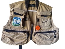 Simms Fly Fishing Vest Tan Trout Unlimited Patch + Fly Box & Eagle Claw Hooks picture