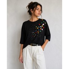 Vintage Kenar Women’s M Black Jeweled Rhinestone Beaded Cotton Top Hong Kong picture
