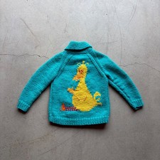 Vintage 70s Big Bird Sesame Street Hand Knit Zip Cardigan Sweater Teal Kids L picture