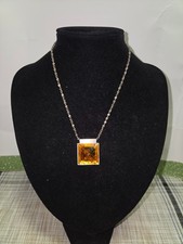 Italian 925 Sterling Silver Amber Pendant Necklace Large Honey Orange Cabochon picture