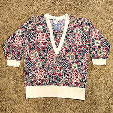 Vtg Donnkenny Womens Sz S Multicolor Geometric Knit V-Neck 3/4 Sleeve USA Made picture