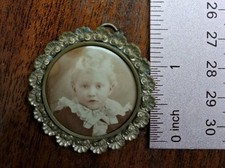 Antique Victorian Mourning Pin Brooch Sepia Frame Twisted Rope Pendant Child picture