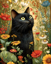Golden-Eyed Black Cat Standing in Colorful Wildflower Meadow Print - 606133073 picture