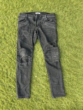 Pierre Balmain Men Black Distressed Moto Biker Jeans Ribbed Slim Tapered Size 33 picture