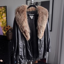 J Percy, Marvin Richards Black Leather Coat Fox Fur Collar Trim Women Large picture