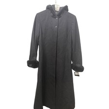 Donny Brook Faux Fur Trim Hooded Long Trench Coat Black Wool Blend 16 NWT picture