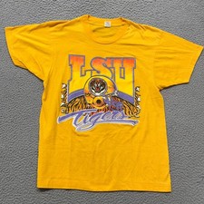 Vintage 1987 LSU Tigers Shirt Mens L Yellow Screen Stars USA Single Stitch picture