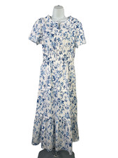 French Connection Women's White/Blue Floral Short Sleeve Tiered Midi Dress - S picture