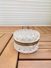 Vintage French Crystal Round Brass Hinged Casket Box Cut Glass Trinket Box picture