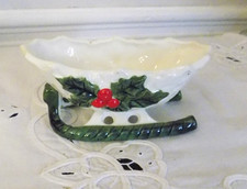 Vintage Lefton White Christmas Holly Berry Sleigh Ceramic Candy Dish #6048 5” picture