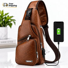 Brown Men's Chest Sling Backpack Crossbody Bag with USB Charging Port Travel picture