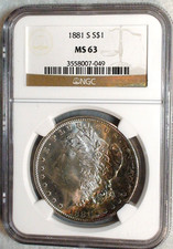 1881 S MORGAN SILVER DOLLAR NGC MS63 PRETTY CRESCENT TONED $1 Coin picture
