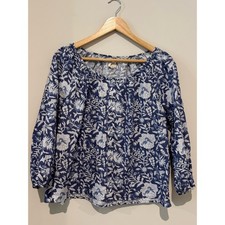 Marea by Liz Joy Blue Floral Button-Front Poplin Block Print 100% Cotton Top XS picture