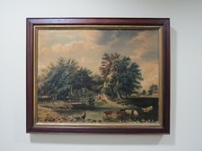 Antique Folk Art Farm Landscape Trees, Cows & Cottage Oil on Canvas Painting picture
