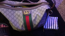 Gucci GG Pattern Web Stripe Belt Bag Gray Green Red Zip Gold Hardware Pouch picture