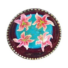 Vintage Mexican Folk Art Hand-Painted Pottery Bowl Pink Lilies Floral Signed picture