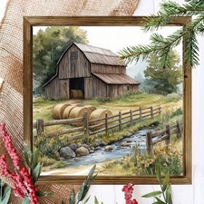 Old Barn Hay Bales Creek Wooden Sign Watercolor Rustic Country Farmhouse Decor picture