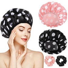 2 Packs Terry Cloth Lined Shower Cap Large Triple Layer Waterproof Pink Black picture