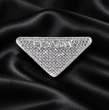 Prada Crystal-metal Triangle Silver  Logo Brooch Pin Black Jewelry Gift picture