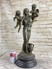 Signed Moreau Young Lady With Two Angels Bronze Sculpture Statue Figurine Sale picture