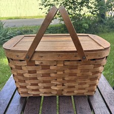 VTG MCM Stunning picnic basket brown wood wicker Splint Woven Folding handles picture