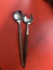 Vintage Mid-Century Modern Stainless & Wood Salad Servers Set | Fork & Spoon picture