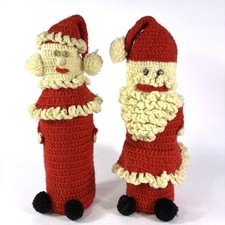 Vtg Hand Crocheted Mr & Mrs Claus Wine Bottle Cover Christmas Top & Bottom picture