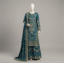 Teal Blue Indian Pakistani Embroidered Sharara Dress with Dupatta picture