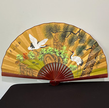 Vintage Folding Hand Fan Asian Crane Landscape Design Painted Wood Slats Red. picture