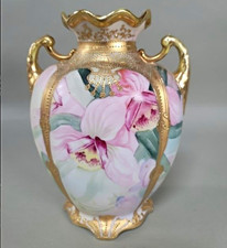 Antique Nippon Hand Painted Porcelain Orchid Vase Gold Gilt Moriage Handle picture