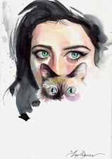 Original Watercolor Painting Woman with Cat Wall Art Female Painting picture