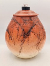 Ron Aubuchon 2007 SIGNED Studio Art Pottery Horse Hair Orange Lidded Vessel Raku picture