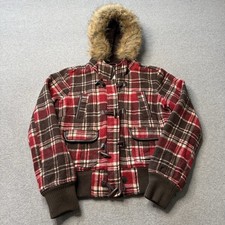 Vintage Aeropostale Jacket Womens Large Plaid Wool Flannel Fleece Fur Hoodie Y2K picture
