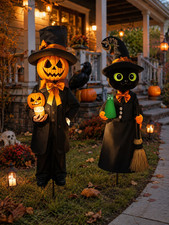 2pcs Extra Large Halloween Garden Flags, Pumpkin Man And Black Witch Yard Decor, picture
