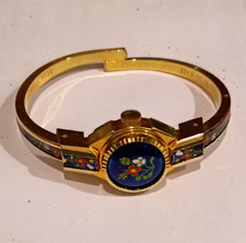 Vintage Lugano Floral Enamel Peekaboo Bangle Watch Manual Wind Swiss Made picture