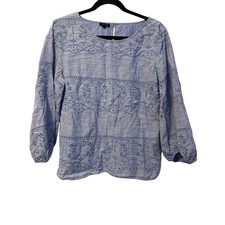 Talbots Embroidered Viole Top Blue Crew Neck Side Zip 3/4 Sleeve Sz L picture