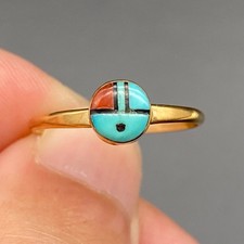 Vintage Zuni Native Kachina Turquoise Coral 14K Gold Ring Size 6.75 picture
