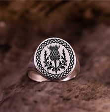 Scottish Thistle Engraved Signet Ring 925 Sterling Silver Ring US Duty Free picture