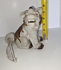 Vintage Ceramic Oriental Dog Figurine 6 in White & Brown Glossy Finish picture