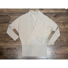 100% Cashmere LA Made Wrap Crossover Knit Sweater Ribbed Sleeves Tan Sz M picture